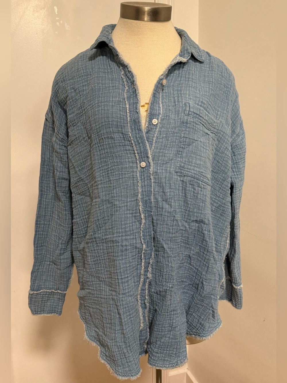 Aerie Lightweight Oversized Crinkled Gauze Button-Up Shirt in Dusty Blue XS